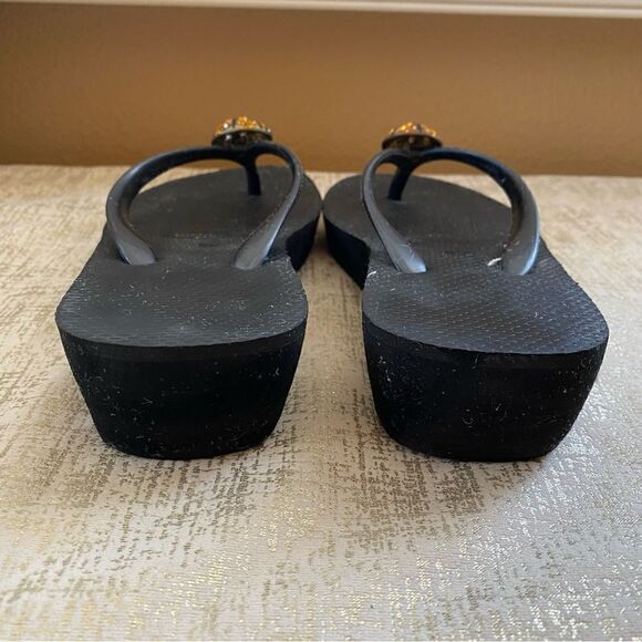 🩴Havaianas Black Wedge Flip Flops rhinestone basketball embellishments EUC Sz 7 - Picture 5 of 6